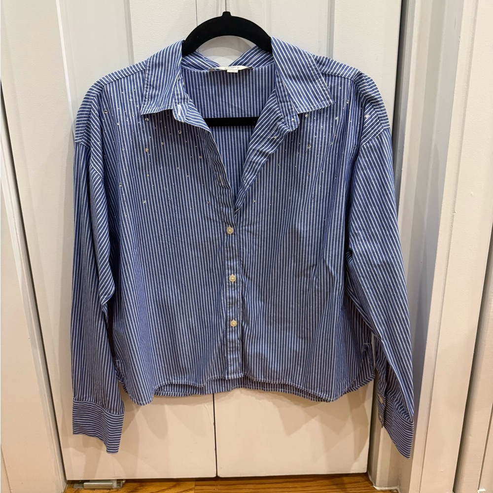 LOFT Navy and White Striped Blouse